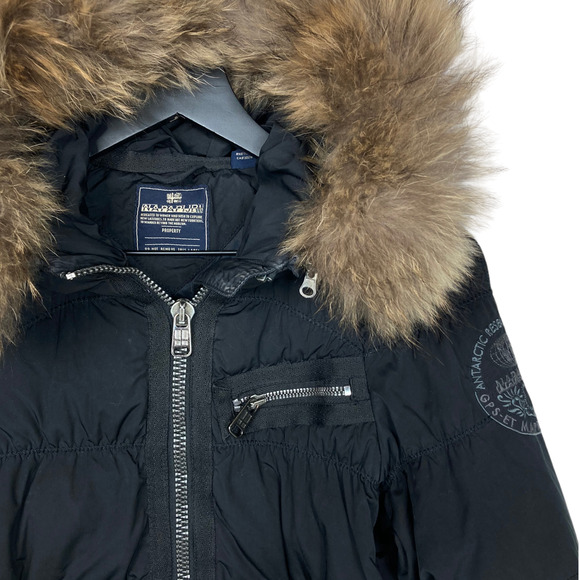 Napapijri Duck Down Puffer Coat Jacket Racoon Fur Collar Black Womens Medium - Picture 12 of 12